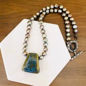 Artisan Baroque Pearl & Glazed Ceramic Pendant Necklace 18"